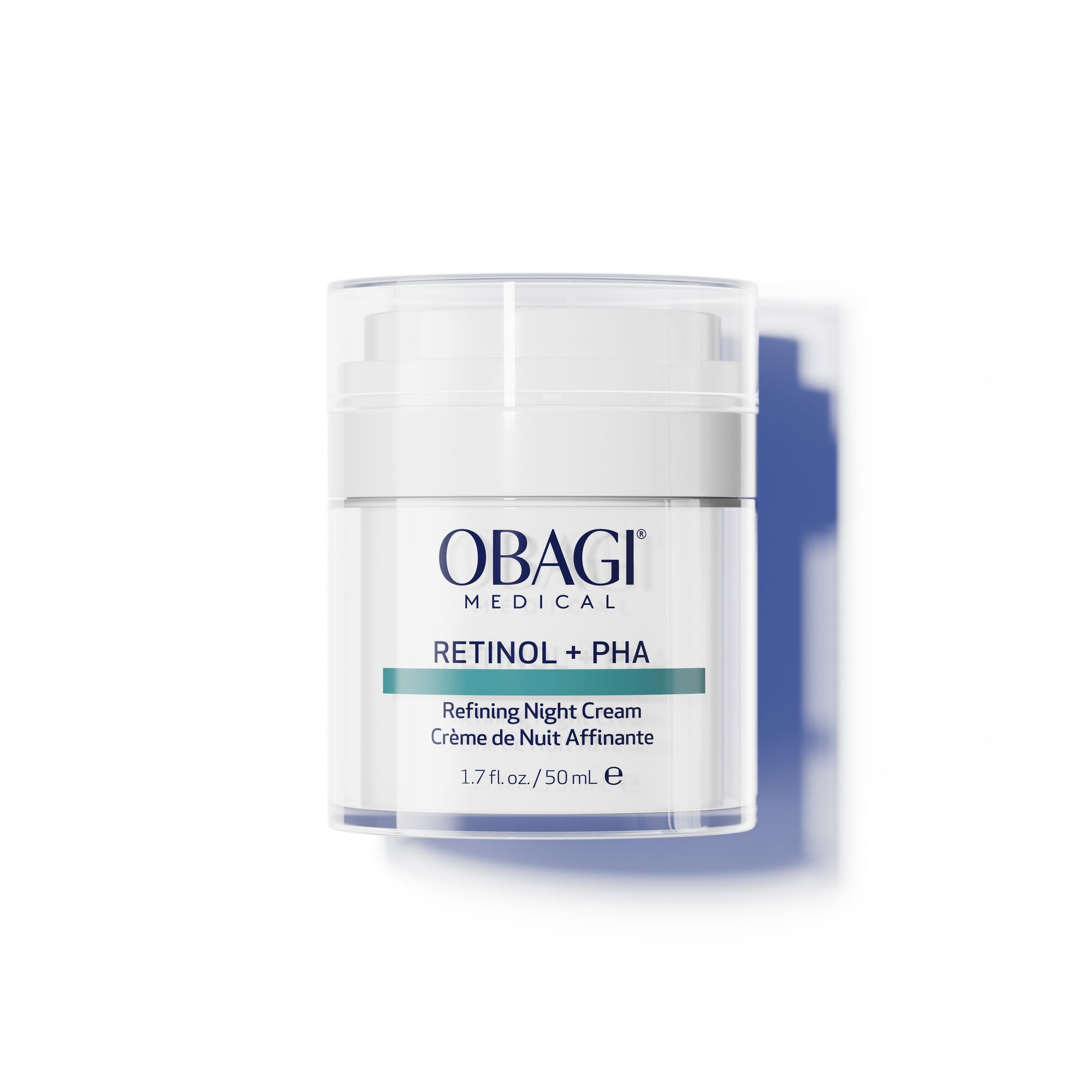 A 50 mL jar of Obagi Medical Retinol + PHA Refining Night Cream, shown on a clean white background with a soft blue shadow.