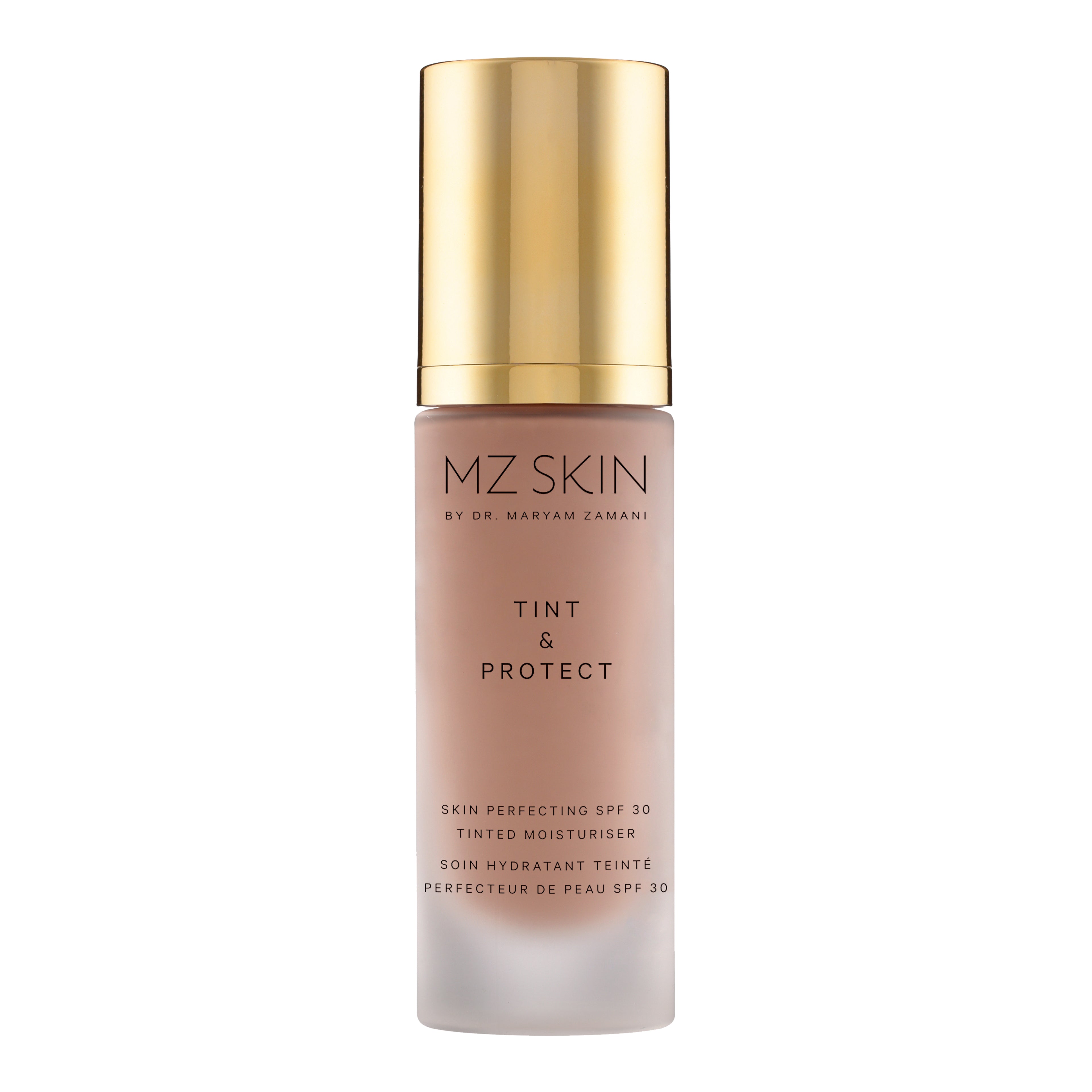 MZ SKIN Tint & Protect SPF 30 tinted moisturizer in a frosted glass bottle with a metallic gold cap, shown on a solid white background.