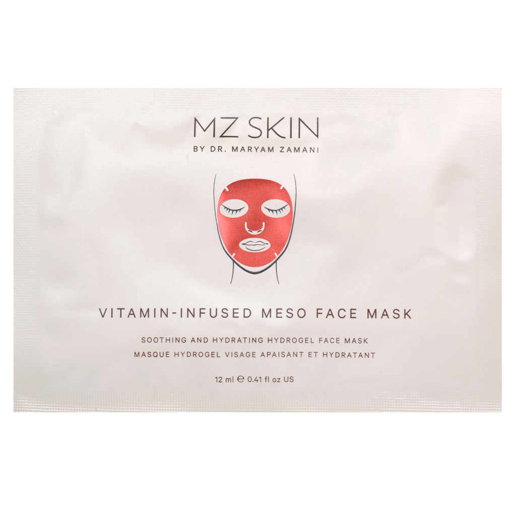 A single MZ SKIN Vitamin-Infused Meso Face Mask sachet on a plain white background. The white paper packet features a red illustrated face mask graphic in the center with black text detailing the product name and brand.