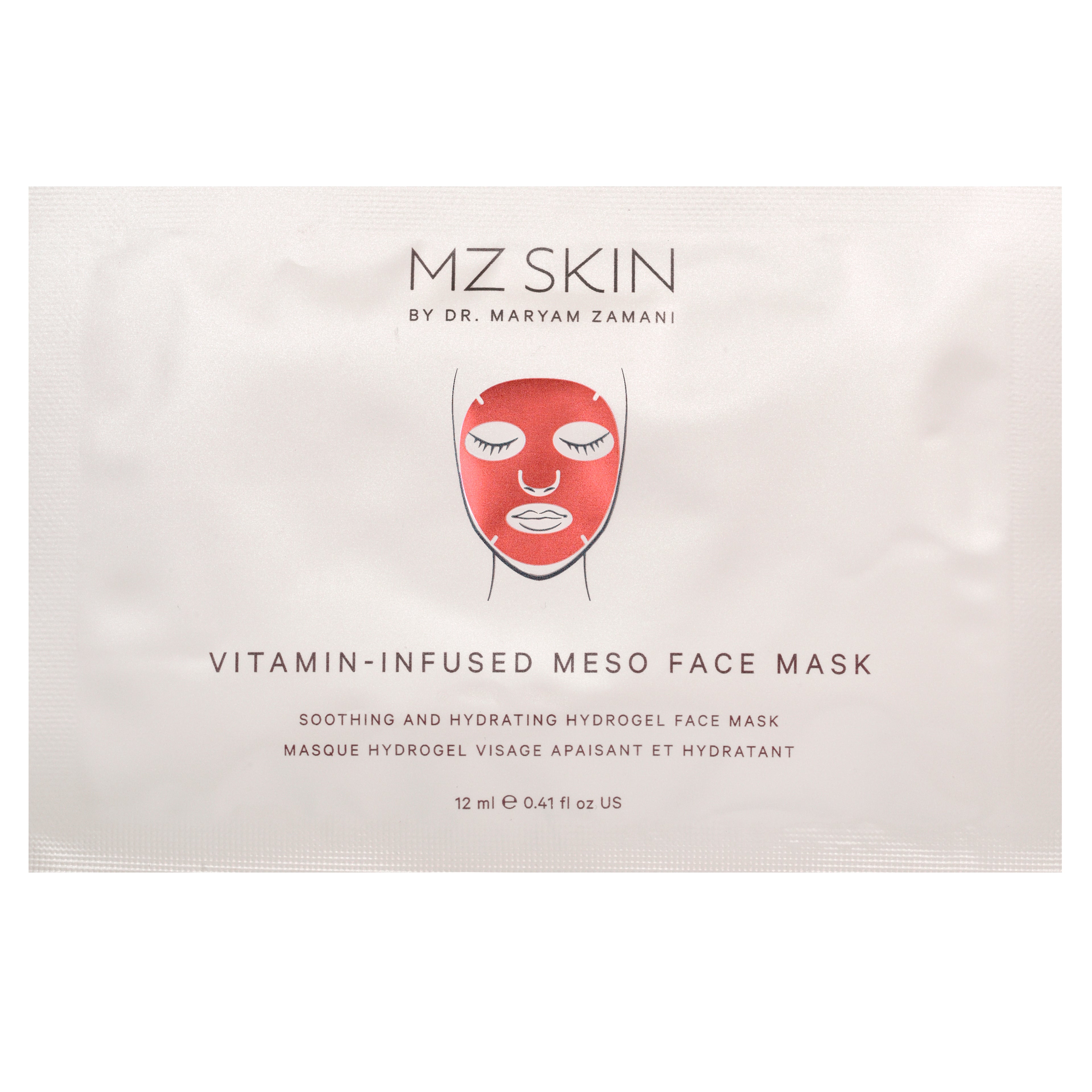 A single MZ SKIN Vitamin-Infused Meso Face Mask sachet on a plain white background. The white paper packet features a red illustrated face mask graphic in the center with black text detailing the product name and brand.